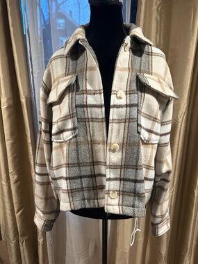 For The Republic Plaid Utility Jacket in Cream, Gray & Brown